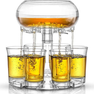 Clear Acrylic 9oz Fancy Liquor Dispenser with 6 Shot Glasses – Good for Residence Bars and Events