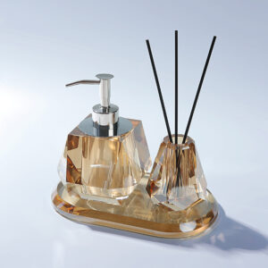 Luxurious Crystal & Glass Rest room Accent Set with Tray – Elegant Gold Cleaning soap Dispenser