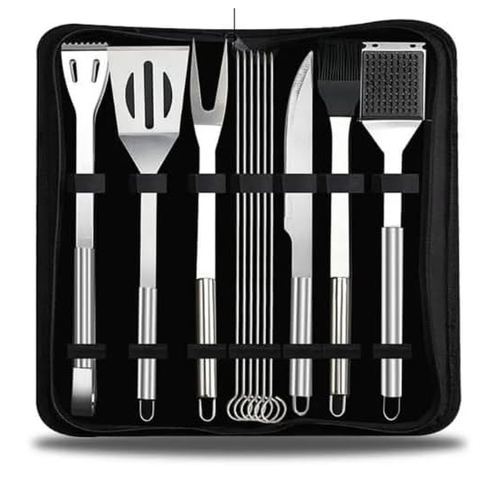 Metallic BBQ Software Set with Spatula – Tenting Equipment and Utensils for Out of doors Grilling in Oxford Bag