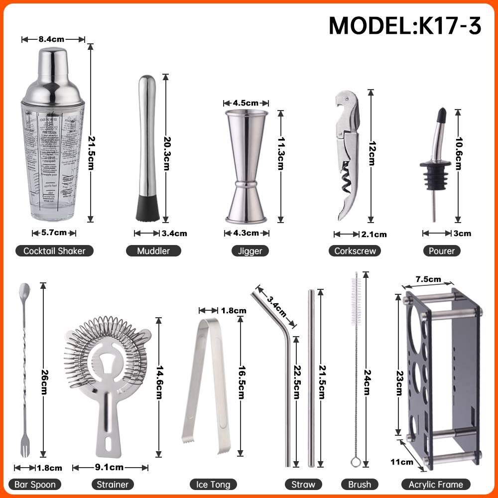 OUYADA 17-Piece Acrylic Holder Body Stand Bar Instrument Equipment - Stainless Metal Bartender Cocktail Making Set